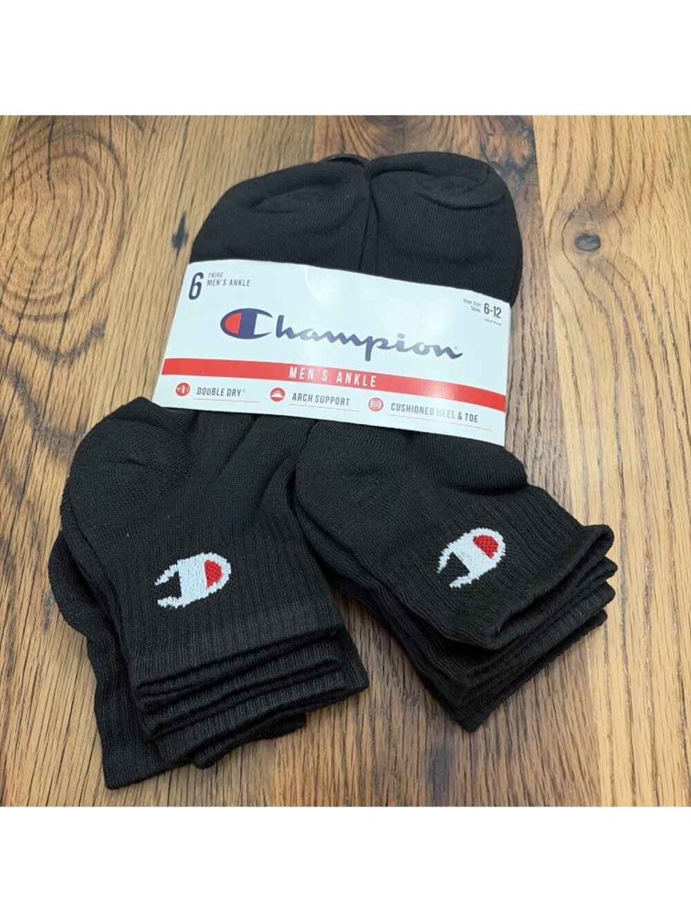 Champion Men’s NWT Ankle Socks Black 6 Pair Size 6-12 Double Dry